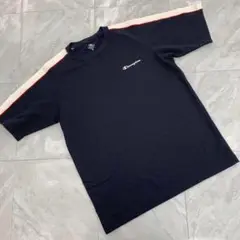 Champion Tシャツ ネイビー ライン入り ラグランスリーブ 刺繍ロゴ