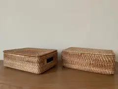 2個set蓋付☆ ラタンバスケット よこ型ハーフ 籠かご 昭和レトロ 小物入れ