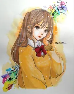 手描きイラストA4　コピック・水彩画『この曲知ってる？』