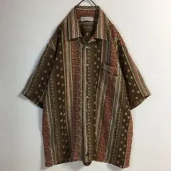 レトロ 古着 クラシカル 民族調 縦柄 刺繍 デザインシャツ 透け感 メンズL
