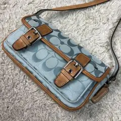 【希少色】コーチ ショルダーバッグ ブラウン 水色 キャンバス レザー