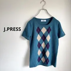 J.PRESS アーガイル柄 半袖ニット ウール100% ブルーグリーン M