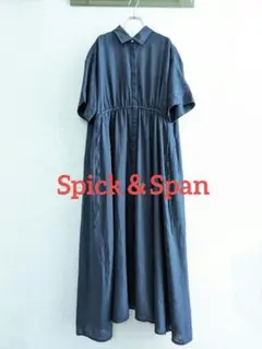 【良品】spick＆span リネン混　ギャザーシャツワンピース紺