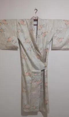 着物 小紋 紬 袷 正絹 広衿 kimono 生成 ベージュ 花