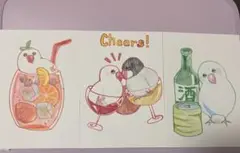 【手描き】鳥たちのイラストポストカード　3枚セット