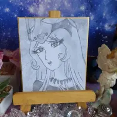 百年女王ファンアート、イラスト手描き、鉛筆画、ミニ色紙。