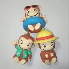 おさるのジョージ　ラバーキーホルダー　浮き輪＆麦わら帽子＆花柄シャツ　3点セット