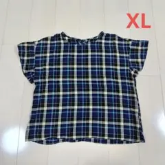 【夏物セール】XL チェック柄 半袖ブラウス 後ろリボン フリル 夏服