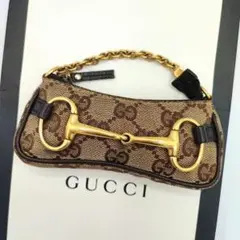 美品✨GUCCI ホースビット GGキャンバス コインケースチェーン金具 茶×金