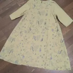 マスタード色 花柄刺繍 七分袖 ロングワンピース