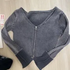 グレー リブ編み Vネック カーディガン