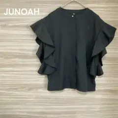 JUNOAH 【M】フリル付きブラック半袖トップス オフィス　通勤　キレイ系
