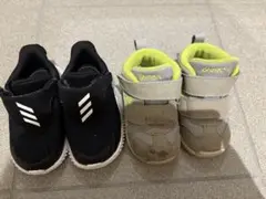 adidasスニーカー 黒、asics グレー/ライム ハイカットシューズ 2点