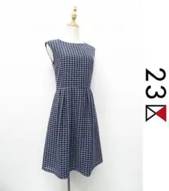 B198/ 23区 ひざ丈ワンピース ドレス ノースリーブ 総柄 チェック 38