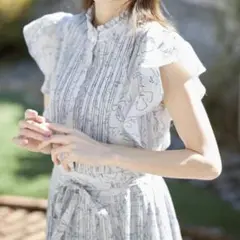 tocco closet ラインフラワープリーツロングワンピース ブルー 青