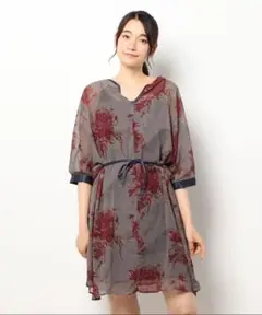 REAL CUBE●シフォンフラワーワンピース●グレー●花柄●シースルー