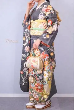 正絹 グレー 花唐草 振袖 成人式 フルセット