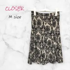 CLOSER ひざ丈スカート ベージュ×ブラック 総柄 Mサイズ 送料無料 古着