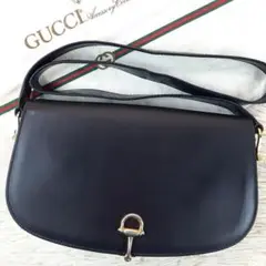 【美品】グッチ ショルダーバッグ オールレザー ホースビット 金具 ネイビー