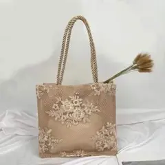 秋物 フラワーレース♡フェミニン トートバッグ ロープハンドル 小 結婚式 上品