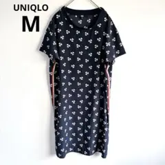 7991ユニクロ【美品】花柄総柄シフォンワンピース　半袖　薄手　襟リブ　濃紺　M
