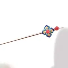 真珠焼藍景泰藍四葉簪　白青赤金色髪飾り　かんざし　縁起物　中華風　着物和服　漢服