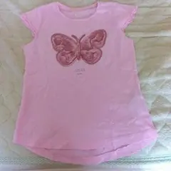 蝶モチーフ フリル袖 Tシャツ ピンク