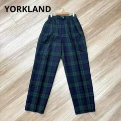 美品　タータンチェック　パンツ　スラックス　緑　ネイビー　ヨークランド　毛100