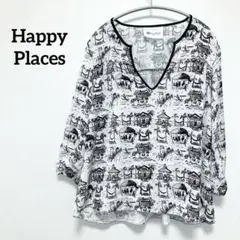 Happy Places プリント柄 Vネック チュニック 黒白 七分袖