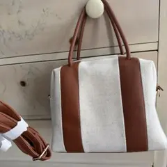 新品未使用♡キャンパストートバッグ　ライン入り ショルダー付きキャメル色