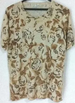 Find Favon ゴールド&ブラウン色花柄半袖Tシャツ　未使用に近い◆◆◆◆