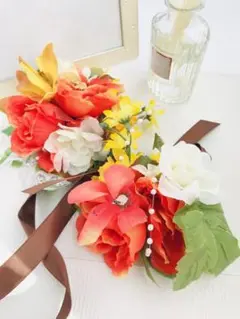 5*リストブーケ・ブートニアset wedding ハンドメイド オレンジ