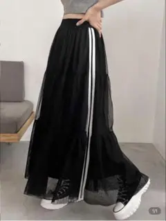 SHEIN ライン チュール オーガンジー フレア ロング スカート 黒