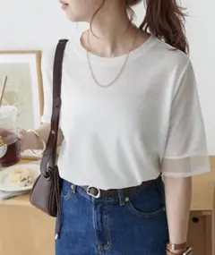 DISCOAT【新品・未使用】シアー袖切替5分袖Ｔシャツ！
