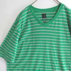766　OP　半袖Tシャツ　L　緑　灰　横縞柄　US古着