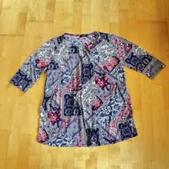 パターン柄 ストレッチ 五分袖 チュニック ネイビー・ピンク