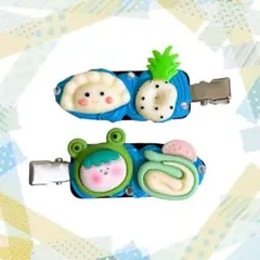 ⭐️ ホイップデコピン⭐️前髪クリップ ヘアピン 2点セット　左右　カエル着ぐるみ