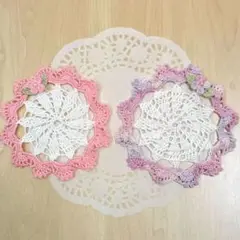 花モチーフ付きコースター　ドイリー　ピンク　レース編み
