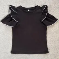 GU オープンショルダーリブフリルT(半袖) 130㎝　ブラック
