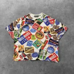 Vintage 半袖 Tシャツ L 総柄 ロゴ プリント マルチ パターン 白