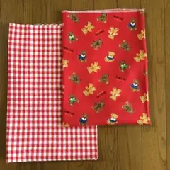 ハギレ　赤系　クマさん柄105×57 チェック柄110×80