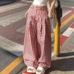 レッド チェック柄 パンツ