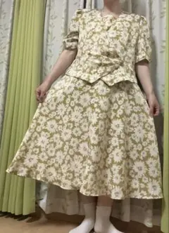 【ワンピース】半袖レトロ 花柄グリーンカーキガーリー 古着