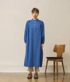 【美品】Allumer（アリュメール）バンドカラーギャザーワンピース　ブルー
