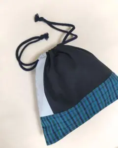 現品発送★濃紺×ファミ風チェック×ダンガリーパッチワーク風巾着、コップ袋、給食袋