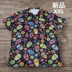 新品　ドクロ　ストレッチ半袖シャツ XXL スカル　エスニック
