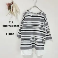 イッツインターナショナル　チュニックTシャツ　F 五分袖 ボーダー　ブラック