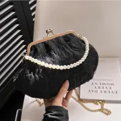 3wayシフォンパーティバッグ ハンド クラッチ パール がま口結婚式お呼ばれ黒
