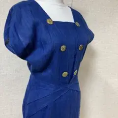 値下げ‼️昭和レトロヴィンテージ ワンピースネイビー麻100%スリム希少