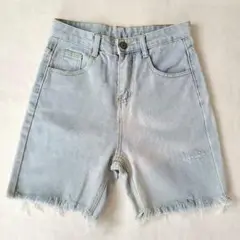 ライトブルー コットン100% ショートパンツ S ダメージ加工